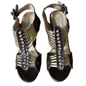 Steve Madden Strappy Leather Wedge Sandal | Dark Brown + Gold Leather | Size 8